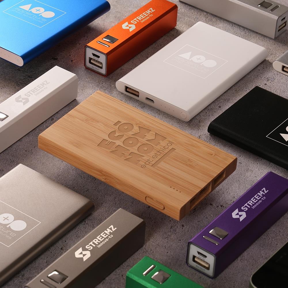 Custom branded power banks in multiple colours including eco wooden finish
