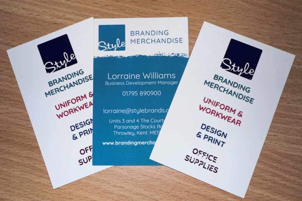 Style Brands business cards with soft touch finish.