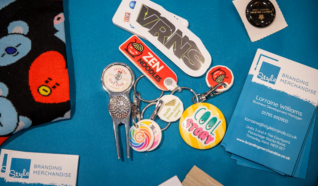 Style branding merchandise business cards on table at an event