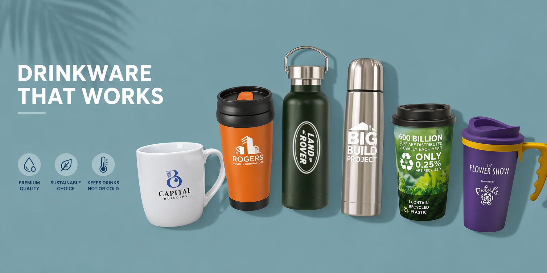 Branded drinkware promotional products including mugs, travel cups, water bottles and flasks from Style Brands UK