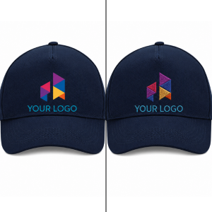 Print versus embroidery branding comparison on a branded cap, showing the difference between printing and embroidery finish for construction company workwear from Style Brands UK