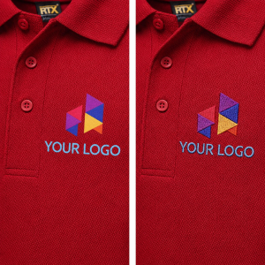 Close up of embroidered logo vs printed logo on a branded polo shirt showing branding quality for construction company workwear from Style Brands UK