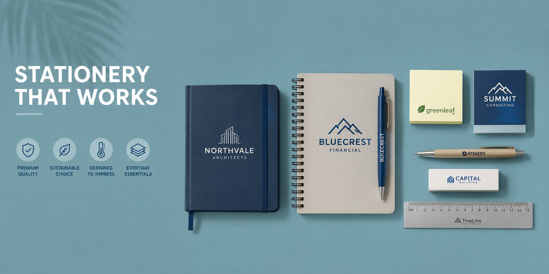 Branded stationery promotional products including notebooks, pens, sticky notes and rulers from Style Brands UK