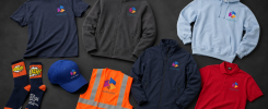 Branded workwear for construction companies including embroidered hi-vis vest, softshell jacket, polo shirt, fleece, hoodie, t-shirt, cap and branded socks from Style Brands UK