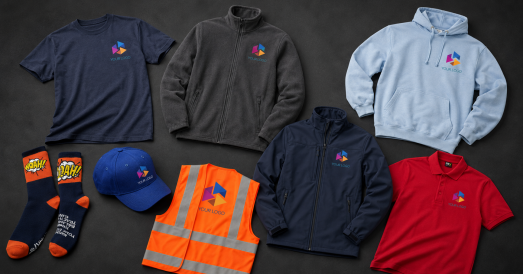 Branded workwear for construction companies including embroidered hi-vis vest, softshell jacket, polo shirt, fleece, hoodie, t-shirt, cap and branded socks from Style Brands UK