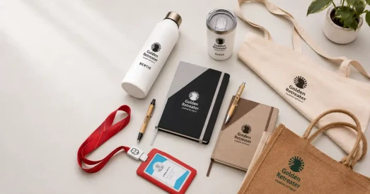 Branded onboarding pack contents including notebook, water bottle and tote bag laid out on a white background, supplied by Style Brands UK