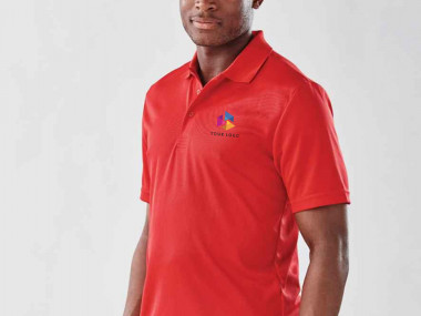 Custom branded red polo shirt with embroidered with company logo