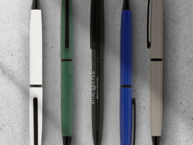 Custom branded pens in white green blue and gray