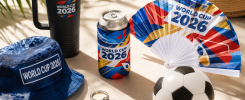 World Cup 2026 branded merchandise including bucket hat, can cooler, hand fan and football keyring for UK businesses