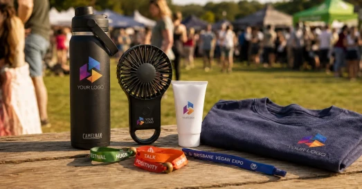 Summer branded merchandise arranged on a wooden table at an outdoor festival event, including a branded CamelBak water bottle, handheld electric fan, sunscreen tube, fabric wristbands, and a printed navy T-shirt, with a sunny crowd and event tents in the background.