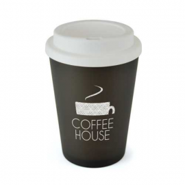 Branded Black takeaway style promotional coffee cup with white lid