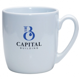 White branded mug with Capital Business logo printed in blue